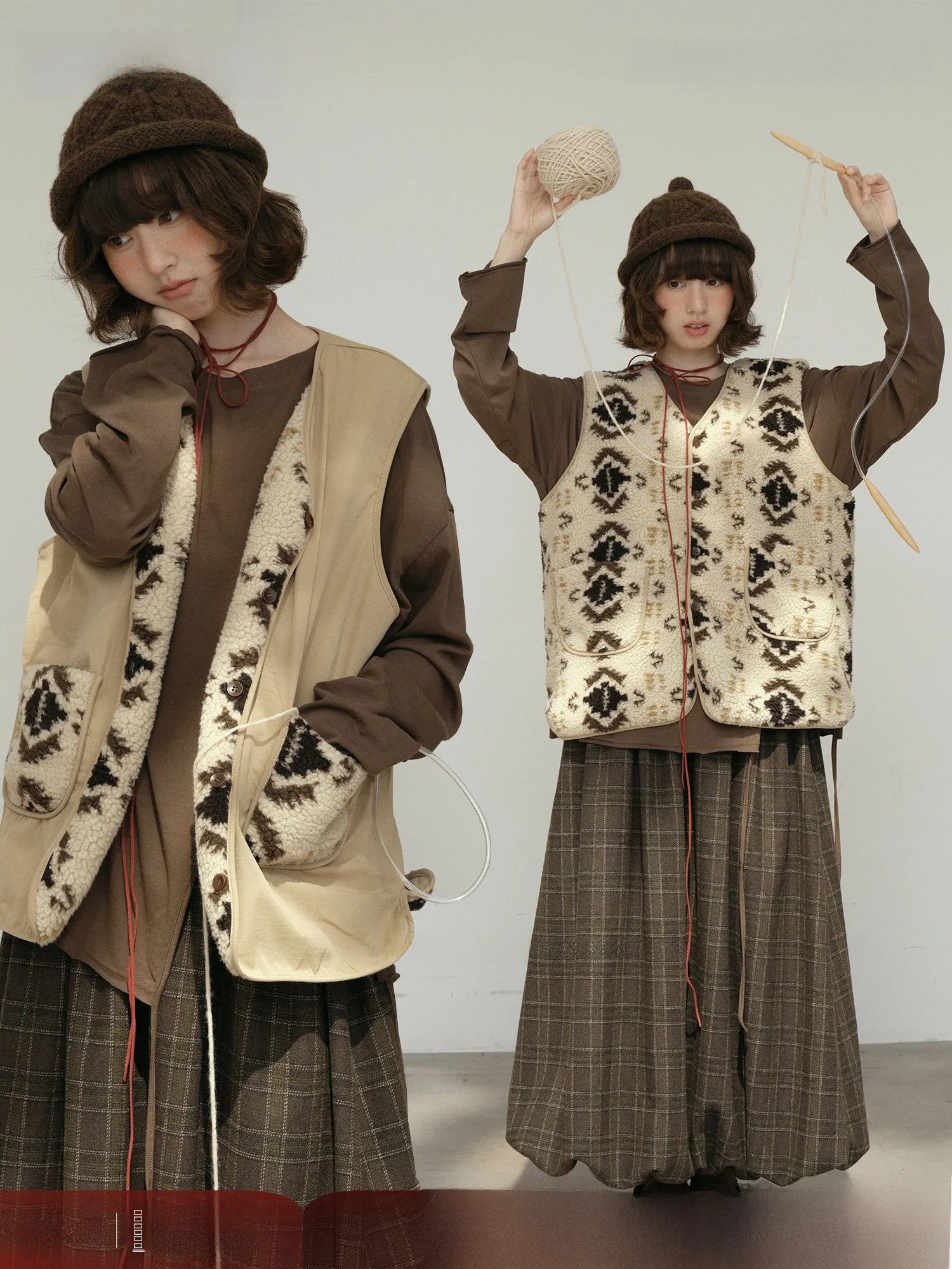 

Retro Japanese Sle Women's Loose Fit Double-Sided Lamb Fur Vest Autumn Winter Slimming Design Sense Commute Sle V-Ne