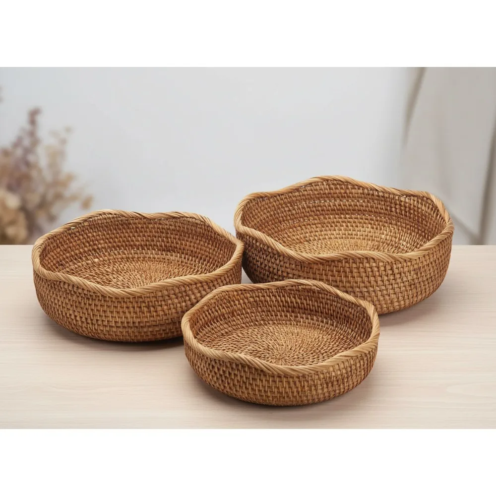 

Natural Rattan Bread Baskets Set of 3, Stackable Storage Bowls for Kitchen Fruit Snacks Home Decor