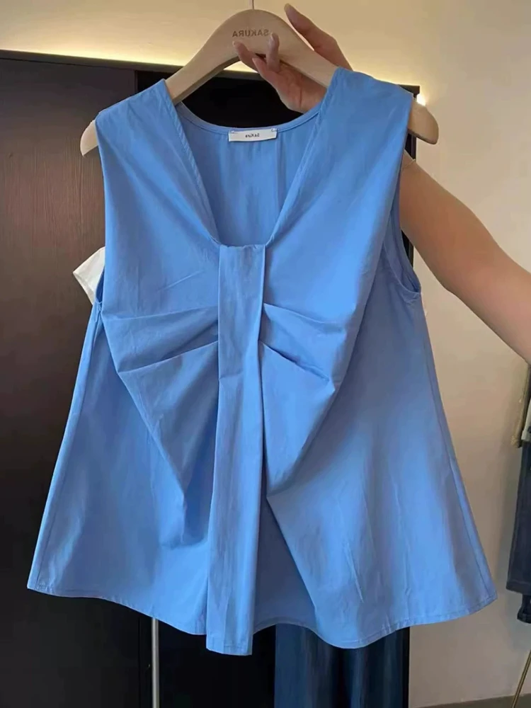 Summer New Blouses Sleeveless V Neck Solid Color Pleated Loose Shirts Fashion Elegant Design Tops All Match Women's Clothing
