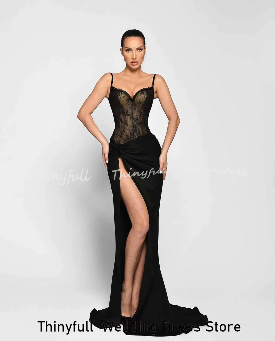Thinyfull 머메이드 새틴/레이스 프롬 드레스 스위트하트 슬리브리스 이브닝 가운 스플릿 두바이 포멀 드레스 맞춤형