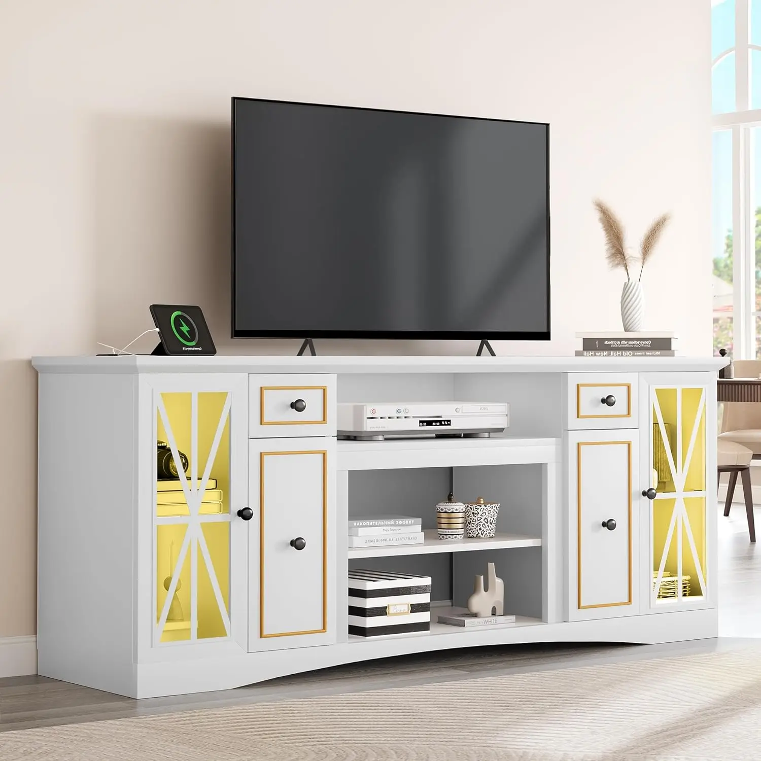 YITAHOME LED Home Modern Farmhouse TV Stand White for up to 80 Inches Tvs,Wood Entertainment Center with Socket Storage Drawers