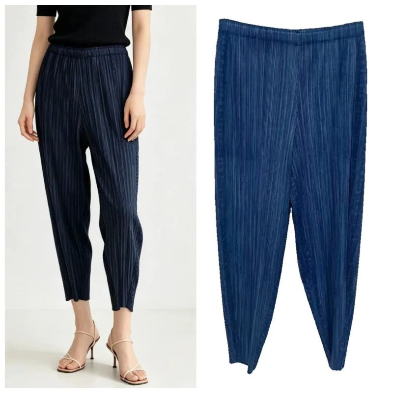 Miyake Pleated Faux Denim Skinny Pants Women 2026 Summer Thin Vertical Striped Elastic Waist Slim Nine-Point Harem Casual Pants