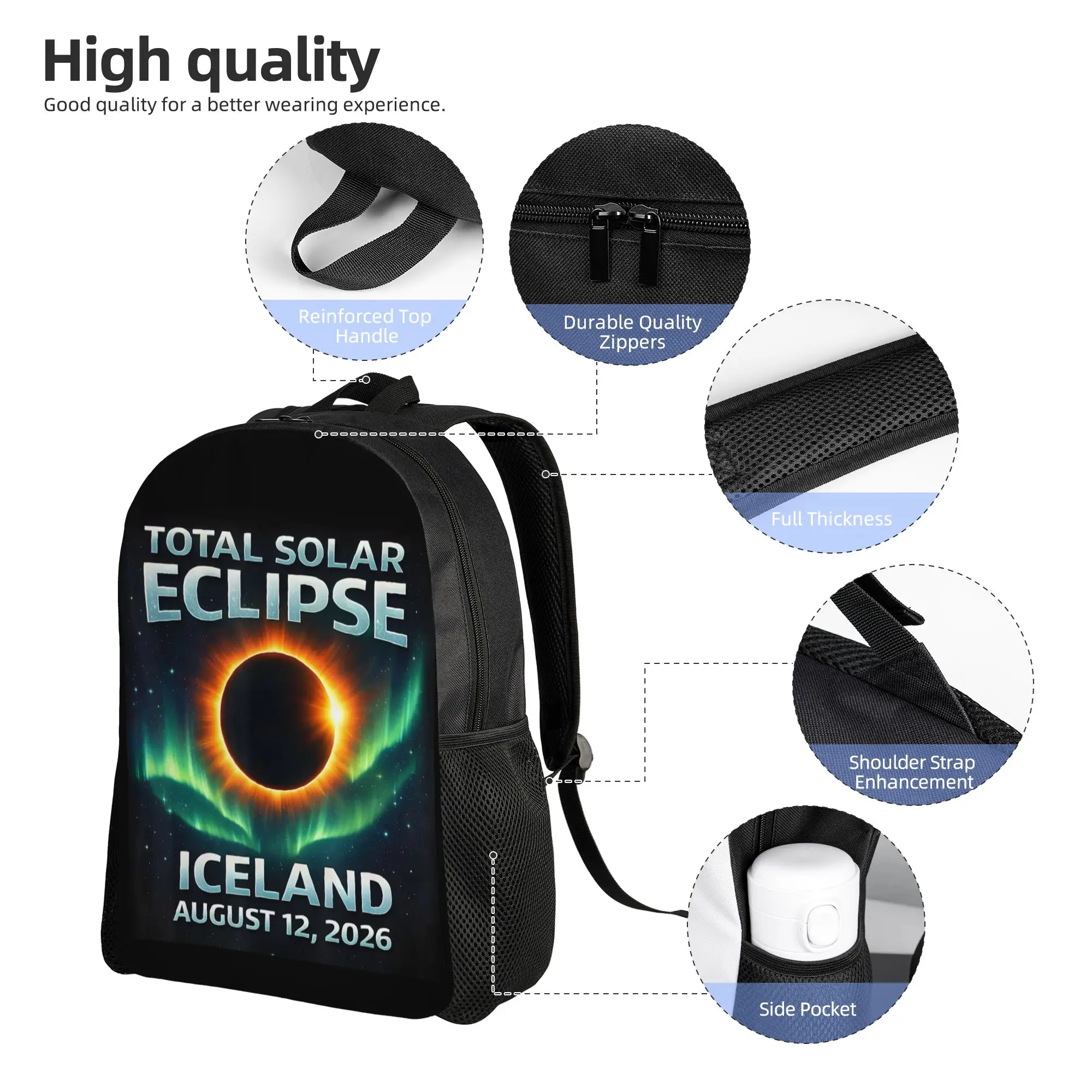 Total Solar Eclipse 2026 Iceland Totality Chaser Science Backpack High School Daypack for Men Laptop Computer Shoulder Bag