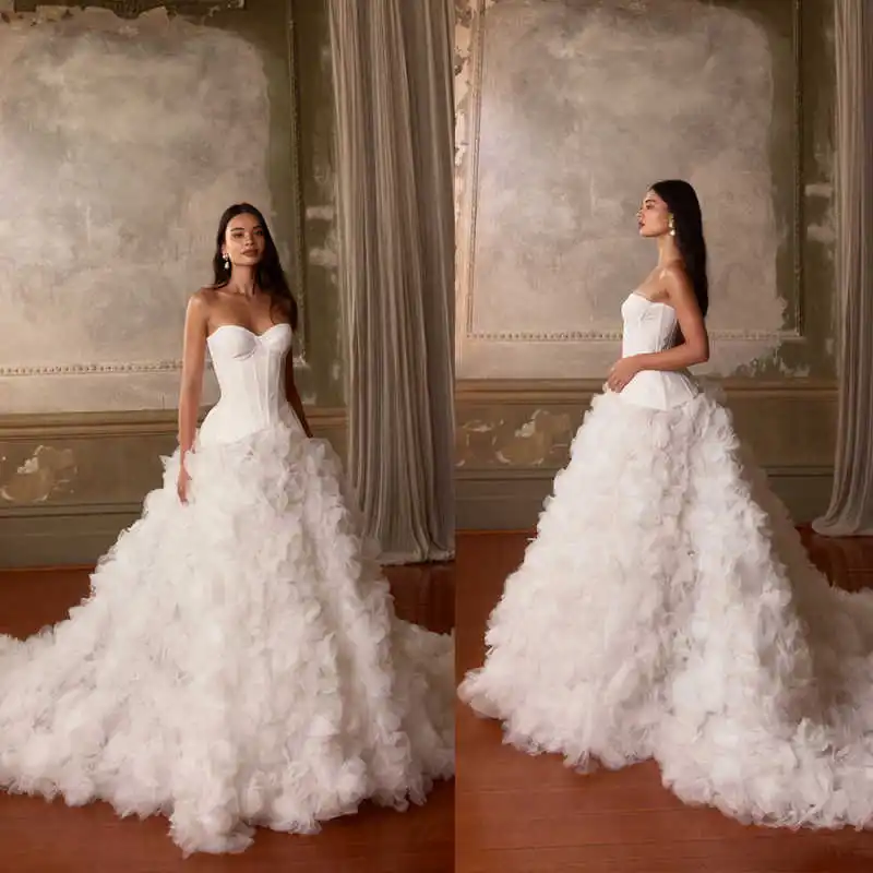 Grace White A-Line Wedding Dresses Strapless Lace Bridal Gowns Big Size Customized Colour Vestidos De Novia