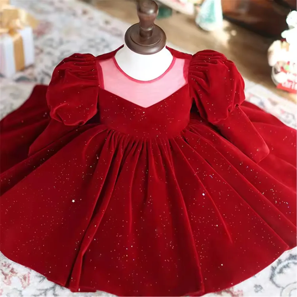 Customized Baby Flower Girl Wedding Dress Velvet Long Sleeve with Bow Pearl Infant Toddler Princess Birthday Vestido Party Dress