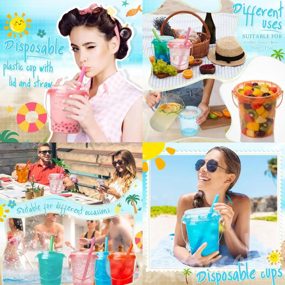 

24oz Disposable Plastic Drink Buckets with Lids and Straws, Ideal for Pastel-Themed Events, Beach Parties, and Pool Gatherings
