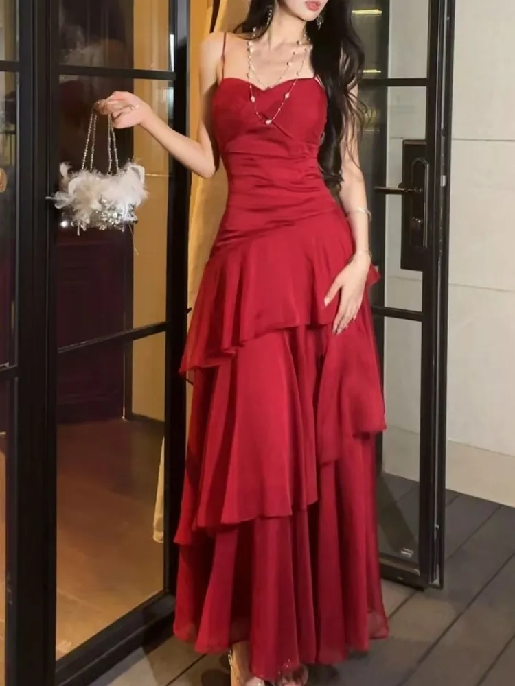 Moda elegante babados em camadas cinta de espaguete vestidos femininos a linha cintura fina chique cocktail festa vestido de noite vestido de férias