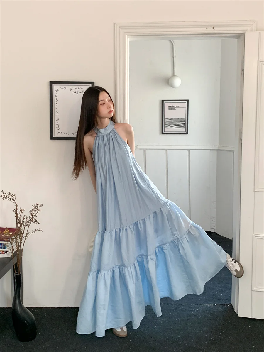 CHEERART Sky Blue Long Maxi Dress For Women 2023 Summer Sleeveless Ball Gown Drape Bow Tie Halter Dress European Clothing