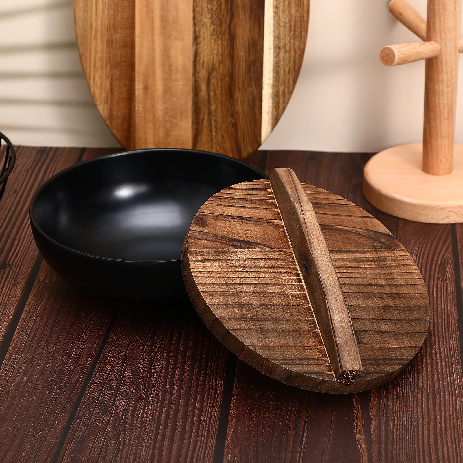 

Natural Wood Wok Cover 18Cm Anti-Scalding Anti-Splash Pot Lid With Handle Reusable Wooden Protector For Frying Pan Stir Fry Wok