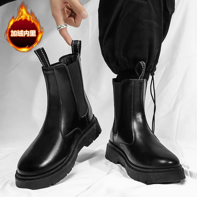 Botas Chelsea de piel para hombre, zapatos cálidos de felpa, botines cortos sin cordones, zapatillas informales cómodas para exteriores, Invierno