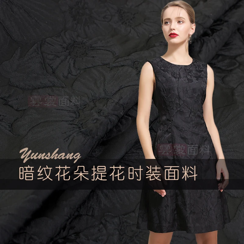 Yarn Dyed Brocade Jacquard Thin Spring Autumn Black Dark Flower Dress Clothing European Brand Fashion Design Sew Wholesale Cloth