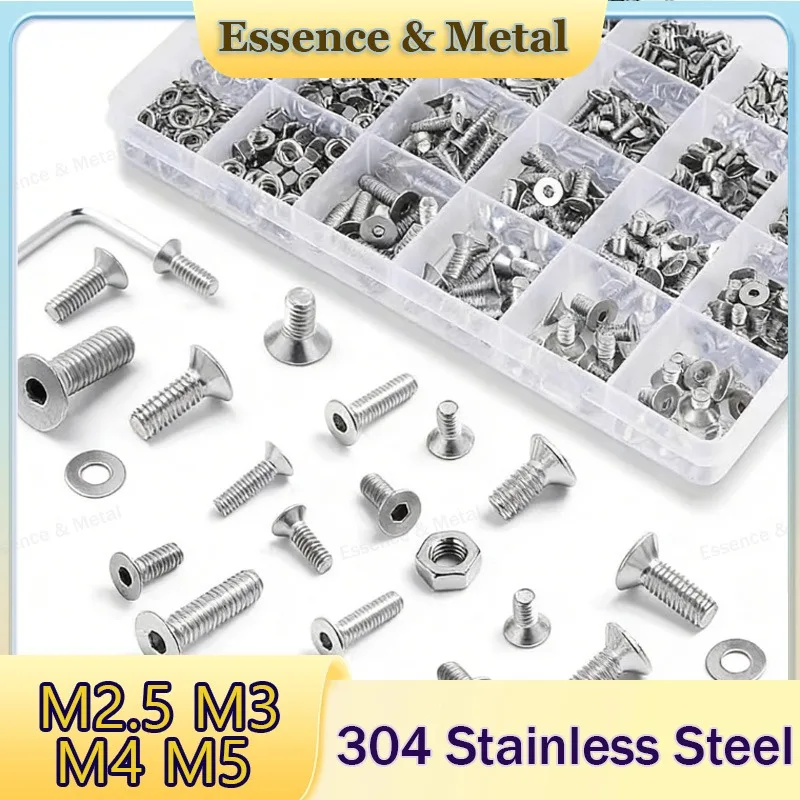 1230Pcs Countersunk Head Hexagon Socket Bolt Set M2.5 M3 M4 M5 304 Stainless Steel Hexagon Countersunk Head Screw Nut Washer Set