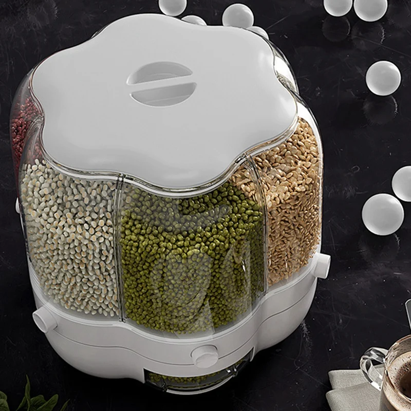Home Food Container Rotatable Rice Barrels Sealed Cereal Dispenser Kitchen Food Storage Container White