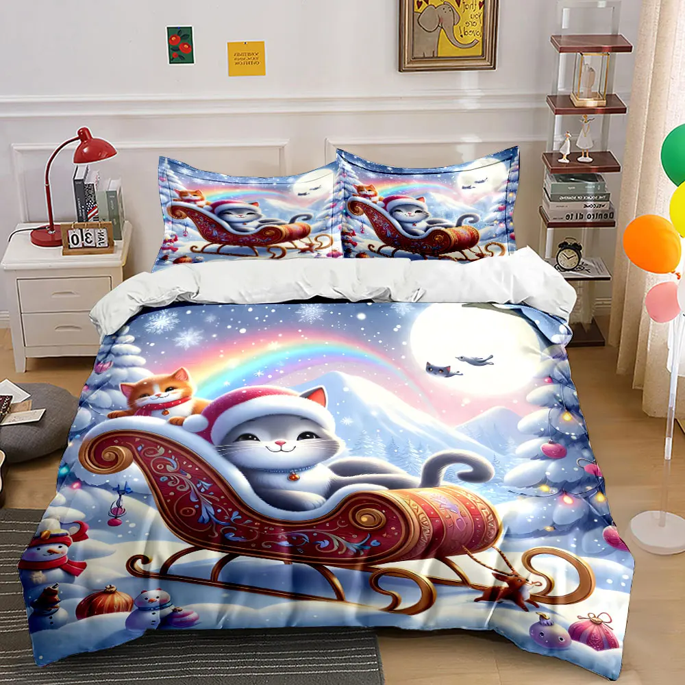 Christmas cats in sleigh with rainbow scene Printed Duvet Cover Set1 Duvet Cover+2 PillowcaseMulti Size Bedroom Bedding Decor