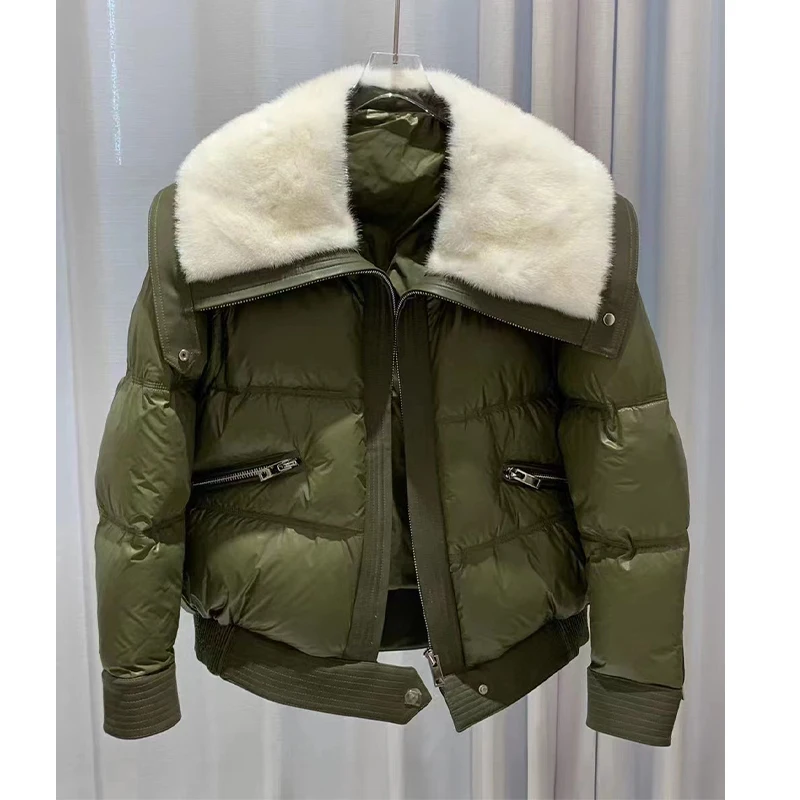 2023 New Autumn Winter Women Coat Real Mink Fur Collar Warm Jacket 90% White Goose Leather Down Thick Female Coats Streetwear