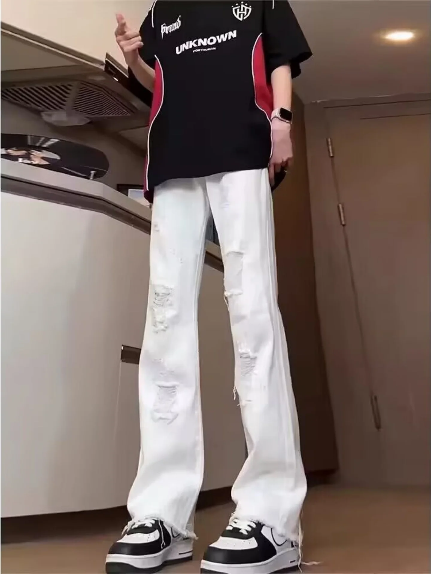 White Ripped Denim Jeans Men's Women's American Design Sensation Frayed Hem High Street Slim Micro Flared Straight Vibe Pants