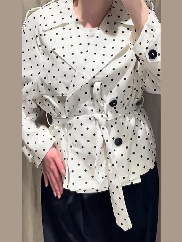 Gepunkteter Trenchcoat mit Gürtel für Damen, Streetwear-Stil, Reverskragen, Langarm, Doppelreihig, Schlanker Schnitt, Windbreaker, Schicke Damenjacke, Neue Oberbekleidung – Detail 11