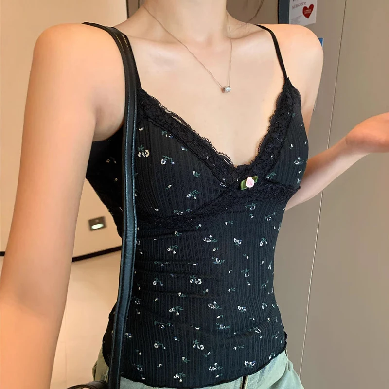 

Summer Floral Camisole Women's Sexy V-neck Lace Patchwork Sleeveless Slim Tank Top