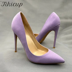 Tikicup Women Flock Suede Pointy Toe High Heel Shoes 12cm 10cm 8cm Elegant Wedding Dress Slip On Stiletto Pumps Light Purple