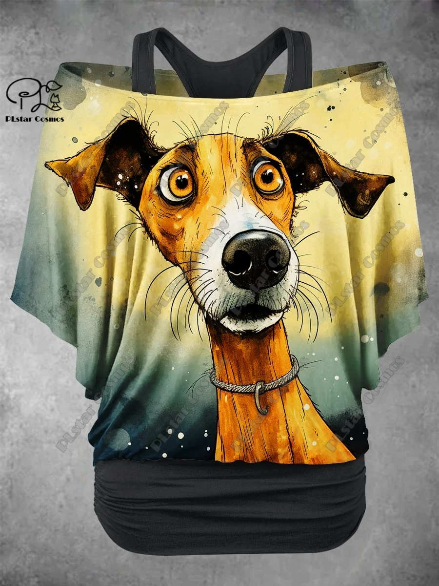 PLstar Cosmos 3D Print Cute Puppy Oil Painting Pattern Fake Two-Piece Top Women's Casual T-Shirt Harajuku Streetwear