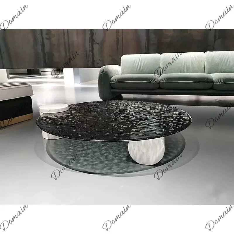 Nordic Postmodern Round Coffee Table with Water Ripple Glass Top Luxury Marble Base for Living Room