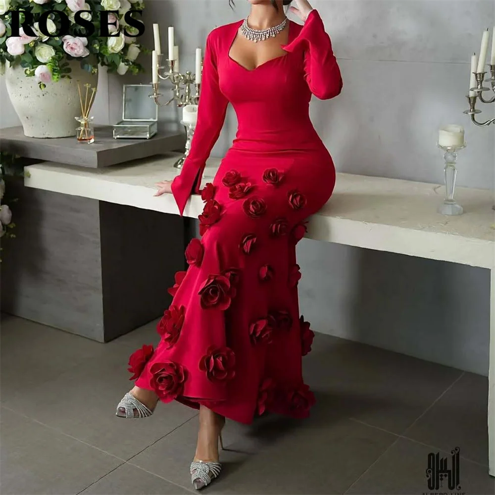

ROSES Red Mermaid Prom Dress 3D Flower Celebrity Dress Stain Women's Evening Dress Full Sleeve Flowers Formal Gown Customized