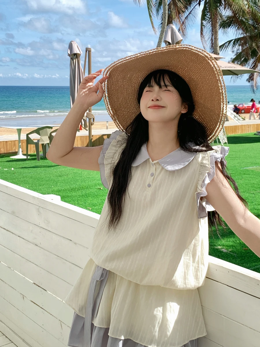 

Летний комплект из топа и юбки с цветочным принтом, женский свободный костюм из двух предметов, милый хлопковый топ с коротким рукавом