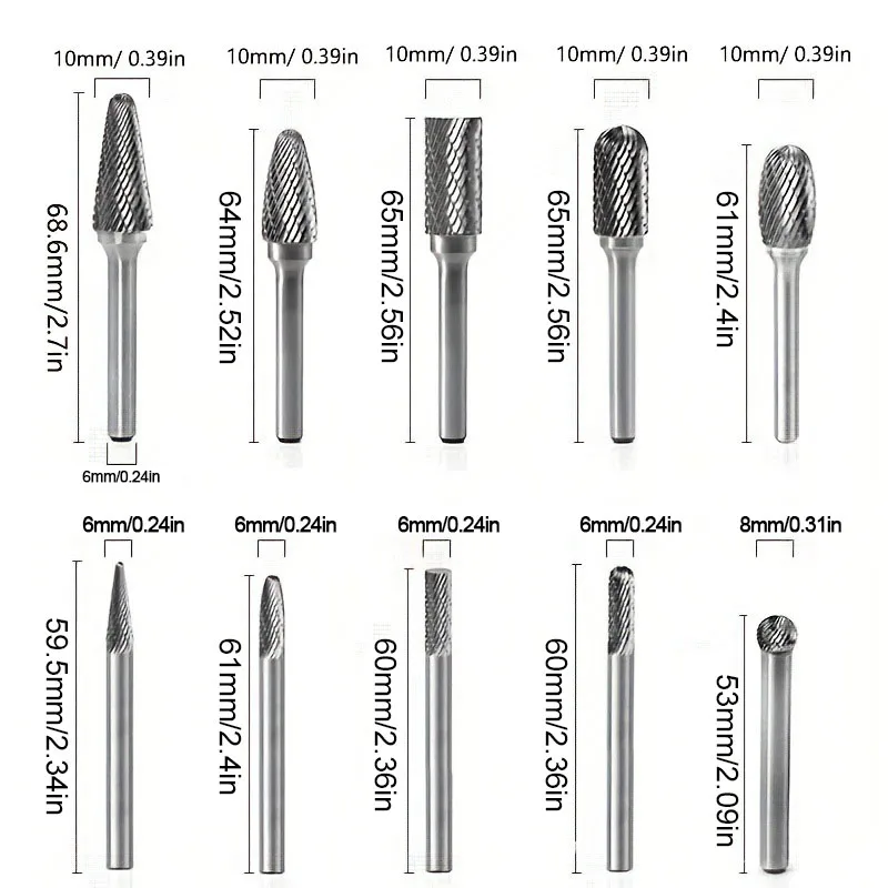 Carbide Burrs Set 10pcs Double Cut Solid Carbide Rotary Burr Set 1/4" Shank Die Grinder Bits For Steel, Metal Carving, Polishing
