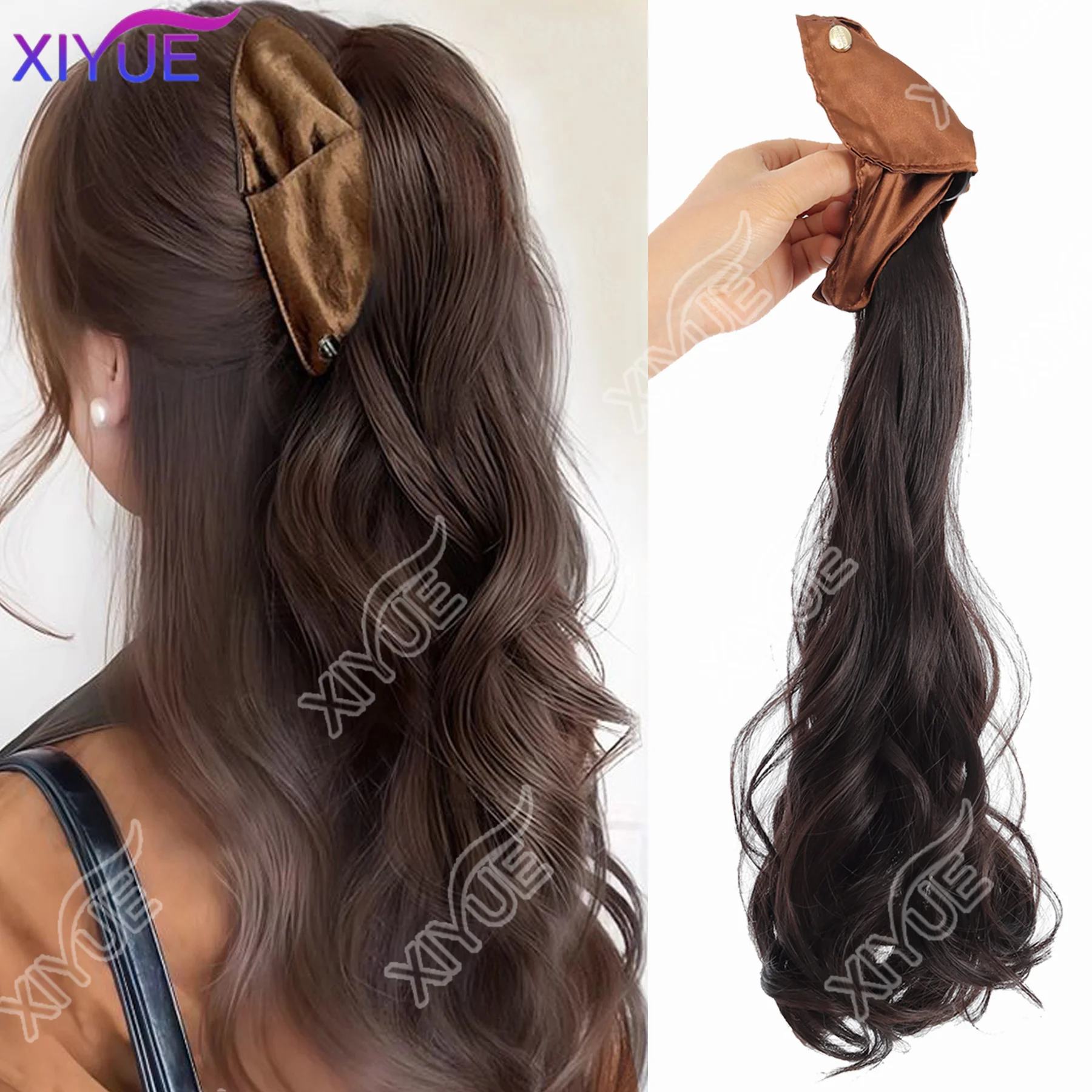 XIYUE 18 بوصة الاصطناعية طويلة مجعد ذيل حصان مقاومة للحرارة مخلب كليب في الشعر التمديد أسود براون هيربيسي للنساء