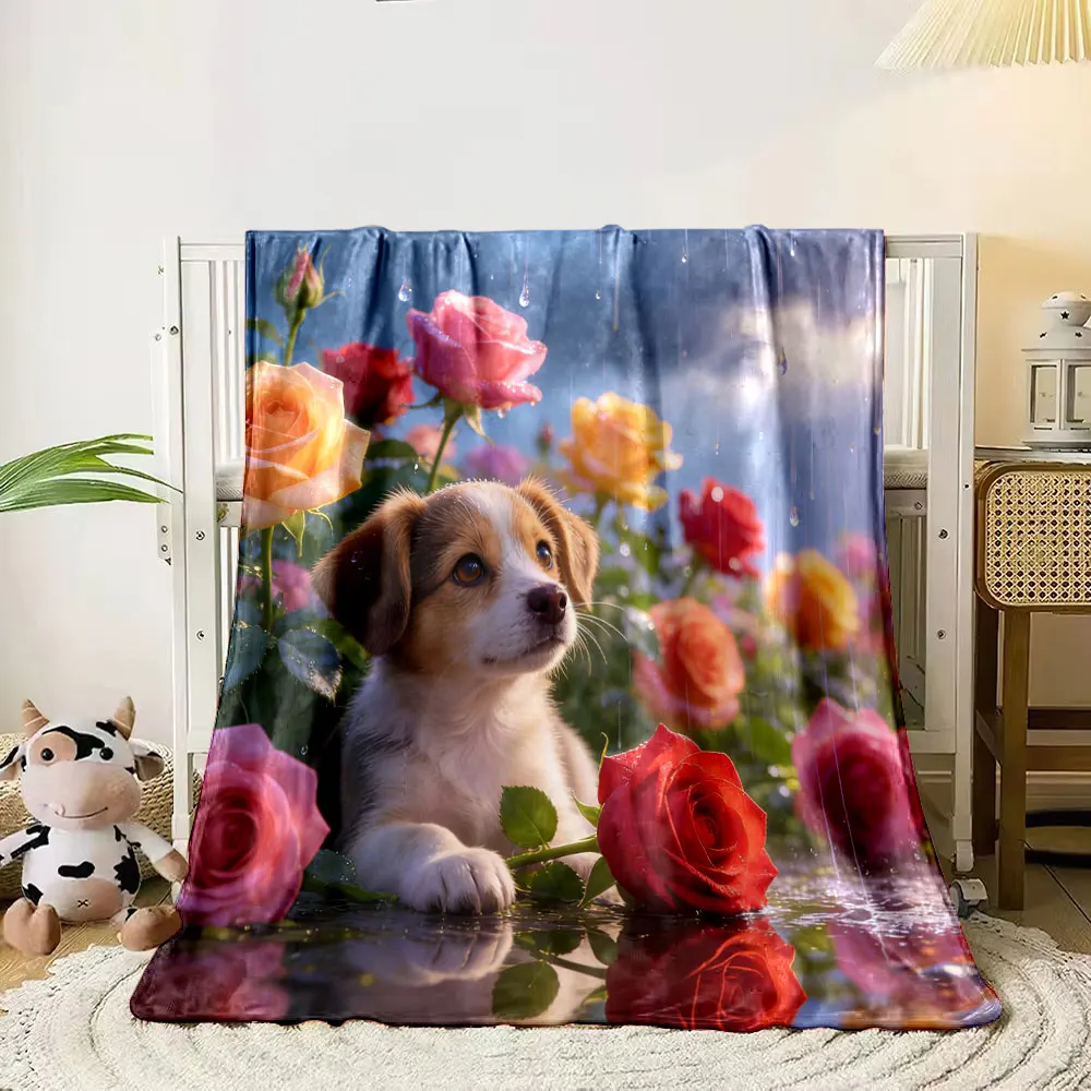 1PC Animals Under The Flowers on A Rainy Day Printed Blanket, All-Season Multi-Use for Nap Camping Travel Car Sofa Luxury Gifts
