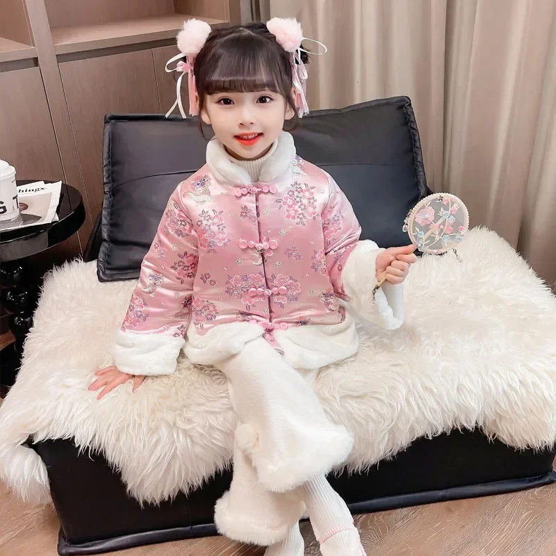 Girl's Hanfu New Year's Clothing Set Winter Baby Tang Dress Thickened Children's Pink Flower Two Piece Plush Pants Ethnic Clothi