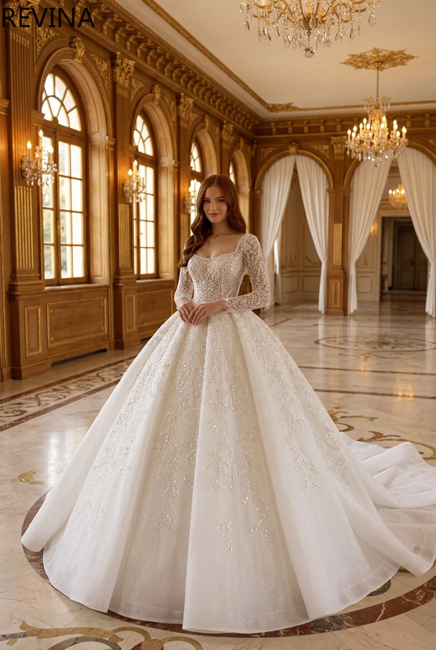 

Luxury Ball Gown Wedding Dress Princess Long Sleeve Round Neck Embroidered Bridal Dress Women's Vestidos De Novia Customized