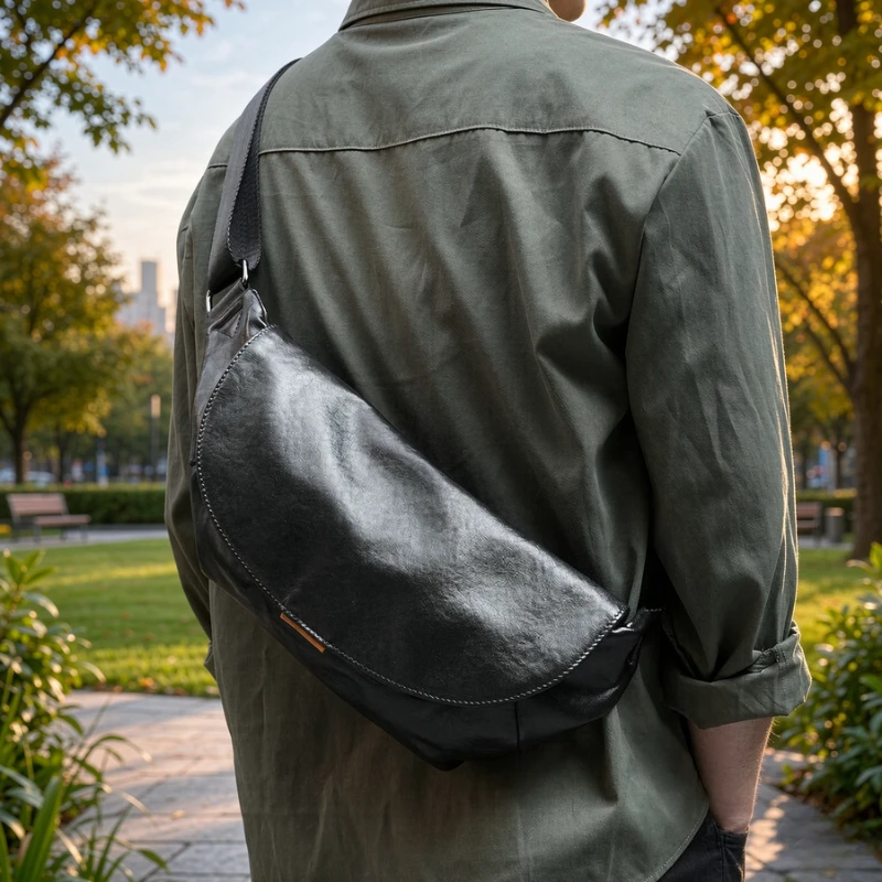 Men's Vegetable Tanned Top Grain Leather Chest Bag, Roomy Black Crossbody Sling with Adjustable Strap and Multiple Compartments
