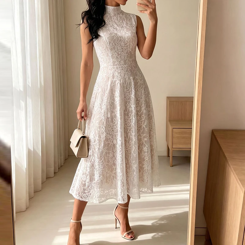 Sexy Lace Draped Evening Dresses Fashion Stand Collar Hight Waist Long Gowns  Women's Elegant Sleeveless Embroidery Party Dress