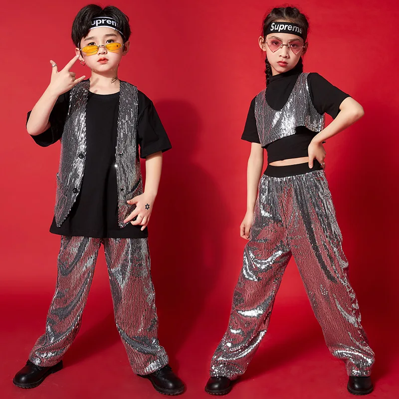 Girls Sequin Crop Tops Shorts Jacket Hip Hop Dancewear Kids Vest Shining Street Dance Clothing for Stage  Jazz Dance Oufit