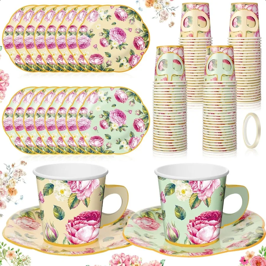 

36 Sets Tea Party Decorations 6.5oz Floral Paper Tea Cups with Handle and Plates Disposable Blossom Teacups and Saucers Sets wi