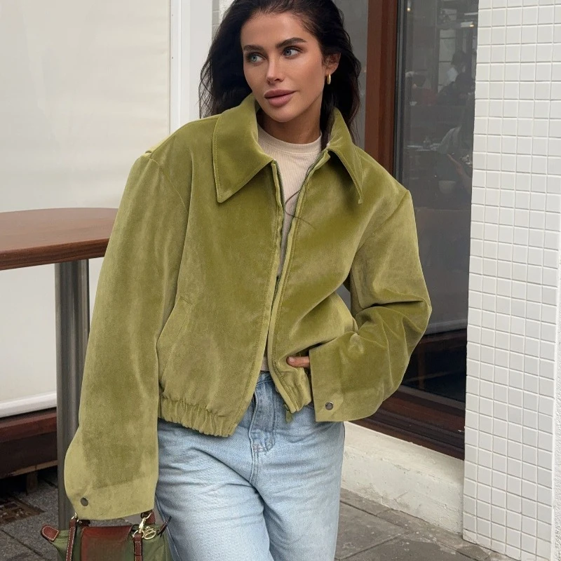 

Elegant Flocking Zip Jackets Lapel Vintage Bomber Jackets Women Spring Autumn Short Jacket Outerwears Fashion Women Clothing