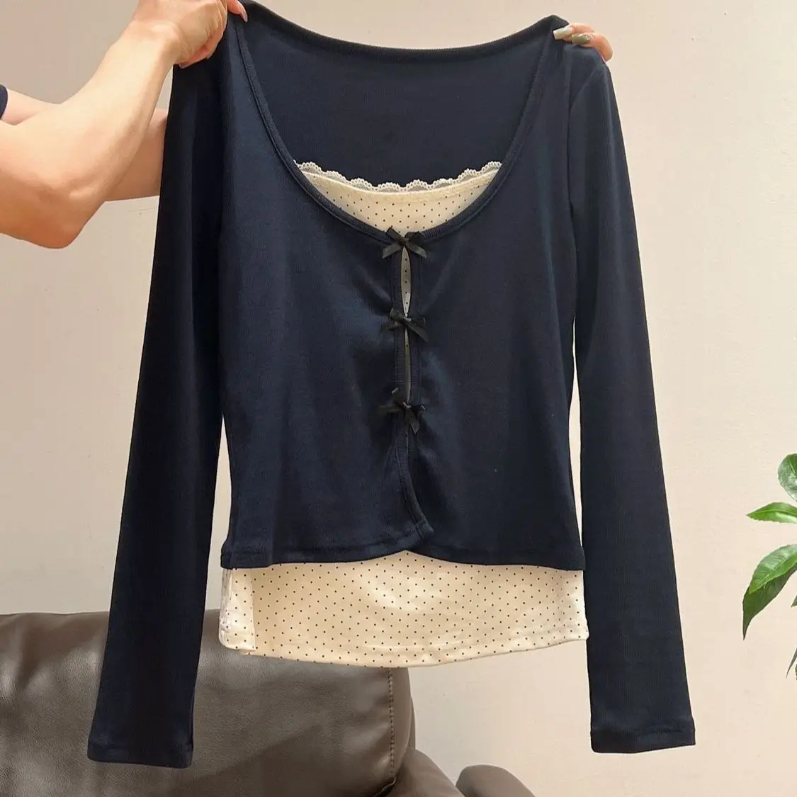 New Women's Autumn and Spring Casual Slimming Slim Fitting Versatile Bow False Two-Piece Lace Long Sleeve T-Shirt