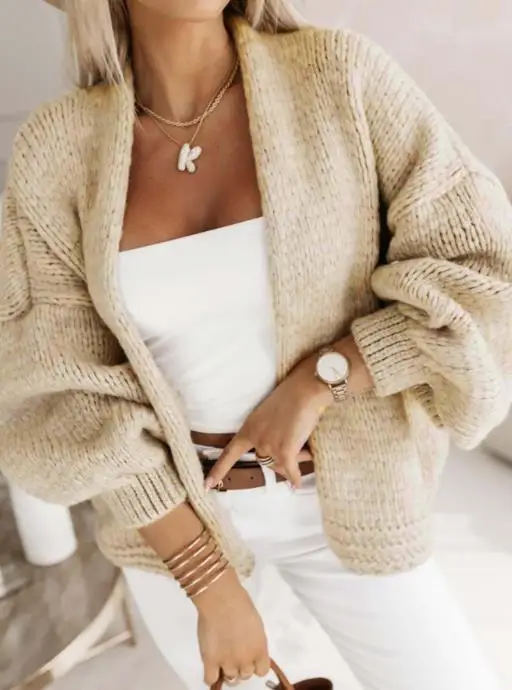 2025 Autunno e Inverno Nuova Moda Elegante Tinta Unita Ago Spesso Cardigan Con Scollo A V Lanterna Manica Giacca Abbigliamento Donna