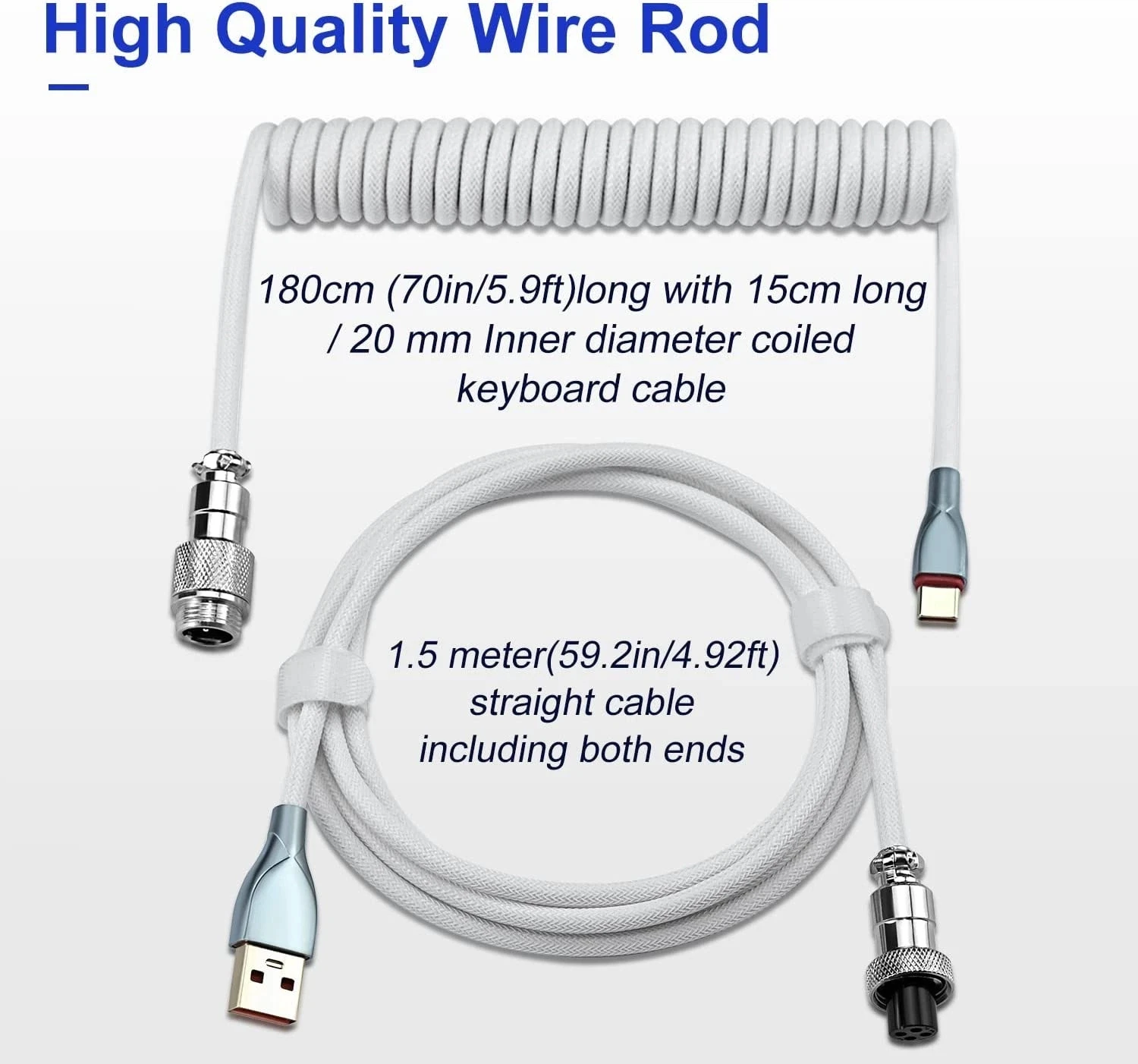 Mechanical Keyboard Coiled Cable with USB Type C Aviator Connector for Desktop Computer Gaming Setup Max 3 Meters Length