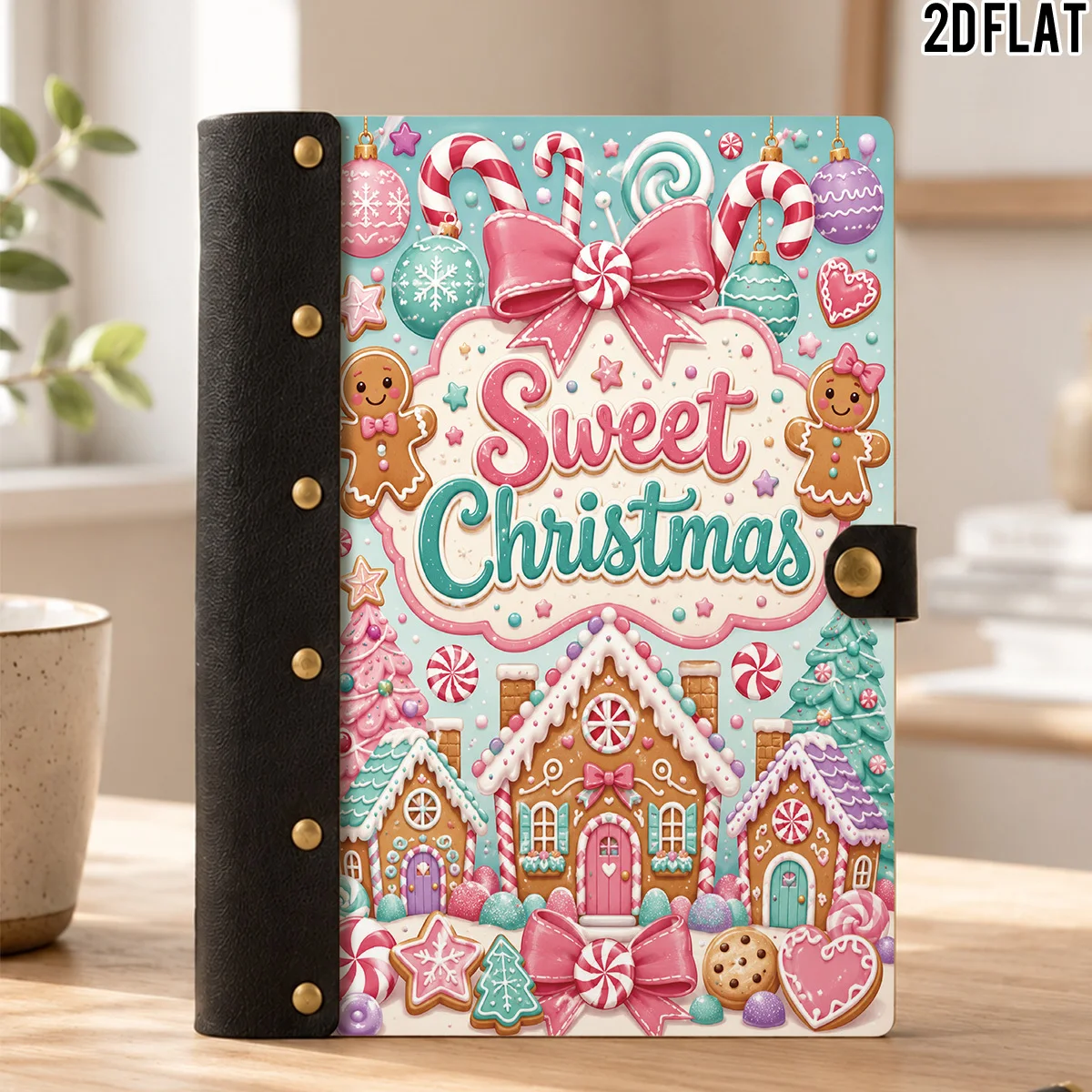 1PC 2DFlat Wooden Notebook, Hardcover Sweet Christmas Gingerbread Candy House Print, 100 Pages With Leather Rivet Craft Decorati