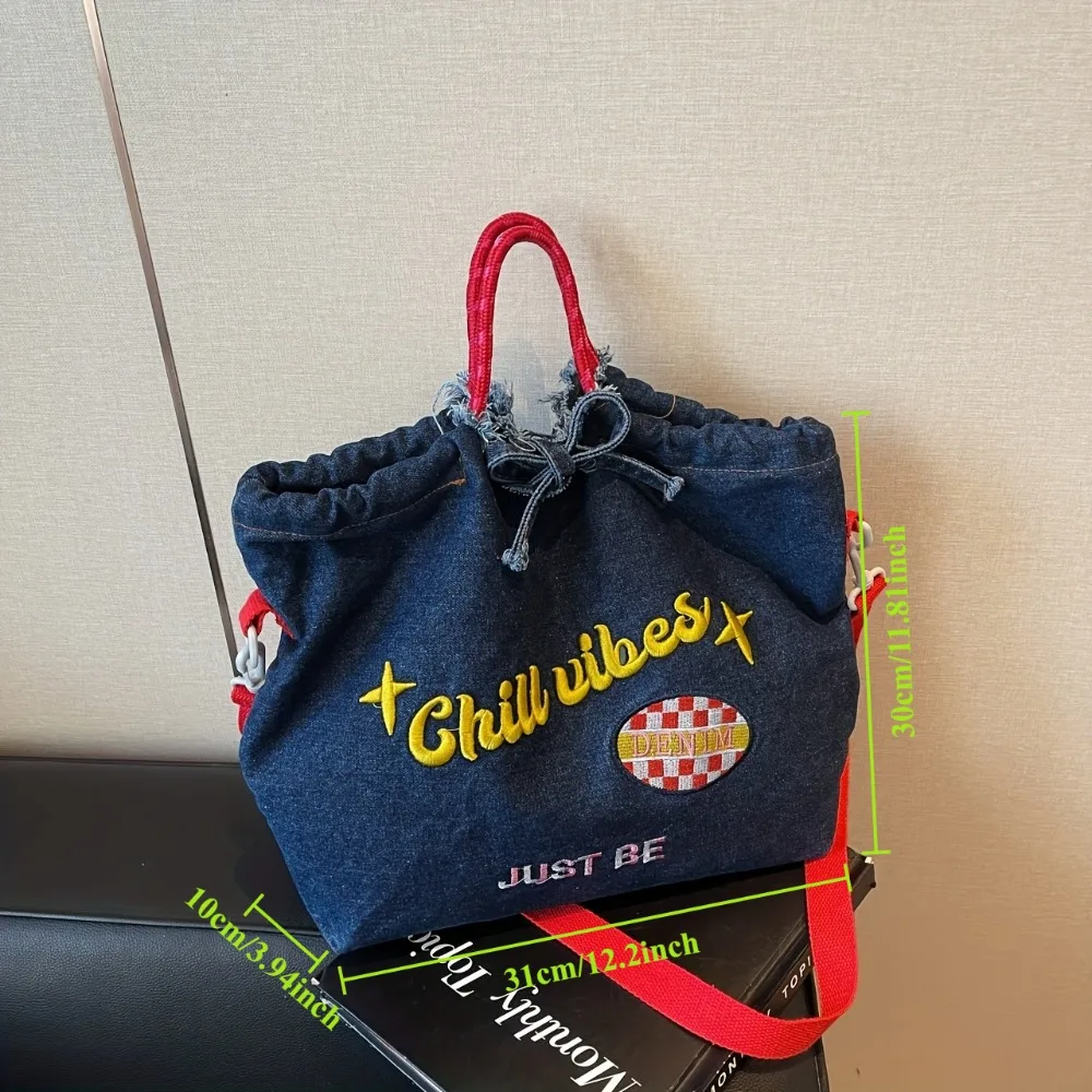 

Large Capacity Ladies Commuter Tote Handbags Casual Embroidery Women Denim Shoulder Bags Students Girls Drawstring Crossbody Bag
