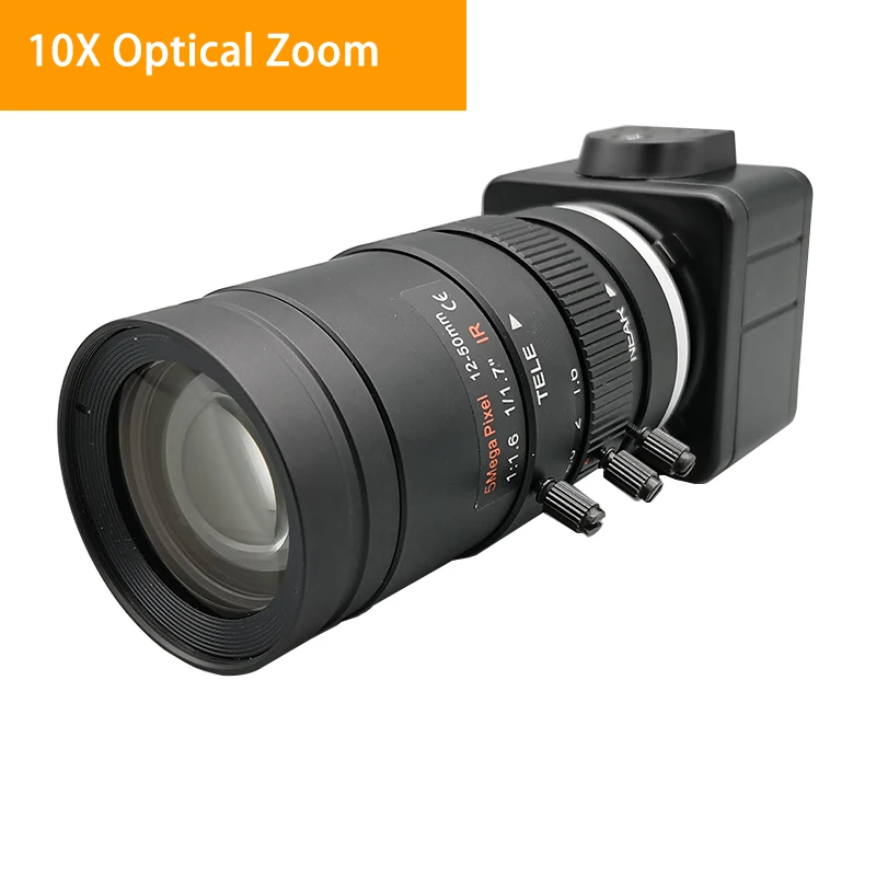 8MP 10X Optical Zoom USB Camera 4K with 5-50mm Varifocal CS Lens CMOS IMX334 Sensor Manual Focus Webcam HD CCTV PC Video Camera