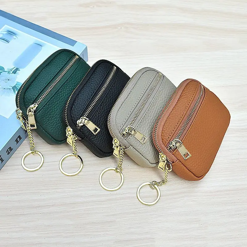 Soft Cowhide Double-Layer Zipper Casual Simple Commuting Pure Color Leather Coin Short Mini Change Bag for Women