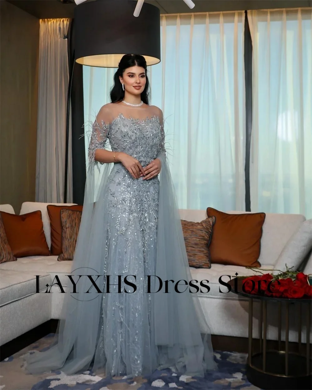 

LAYXHS Luxury O-Neck Evening Dresses A-line Applique Tulle Cape Feather Homecoming Dresses/Prom Dresses Customized فساتين سهرة