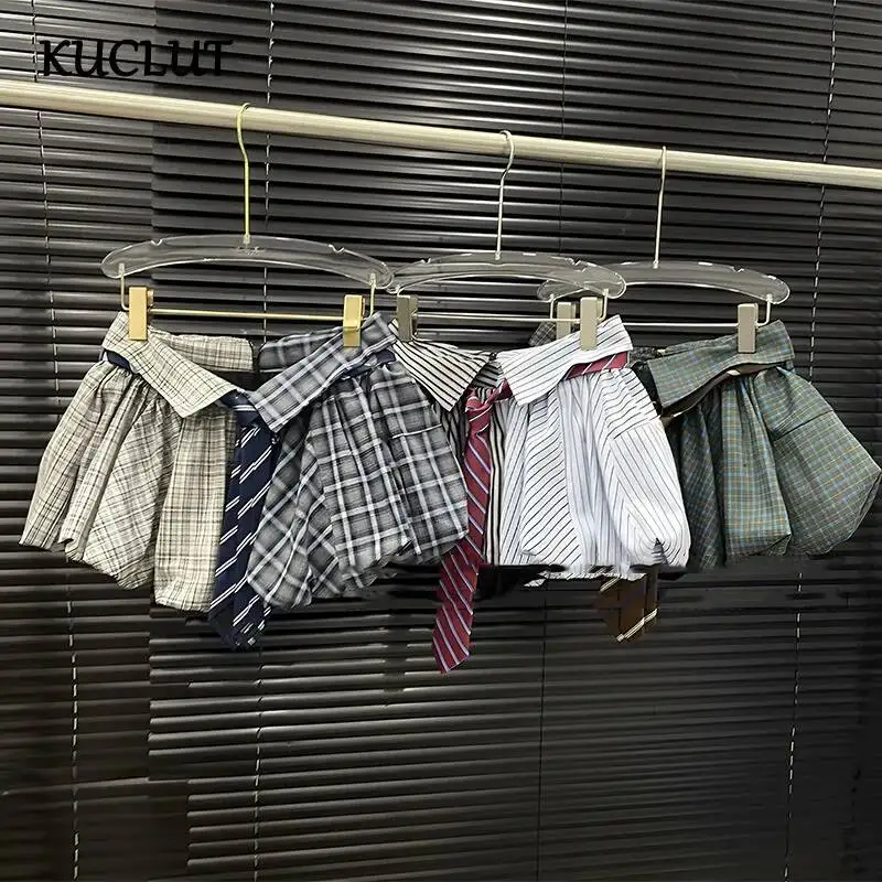 KUCLUT 2025, Sommer Neue Plaid Patchwork Kontrast Farbe Kurzen Rock Für Frauen Nische Design Mit Krawatte Puff Röcke Weibliche 1A648