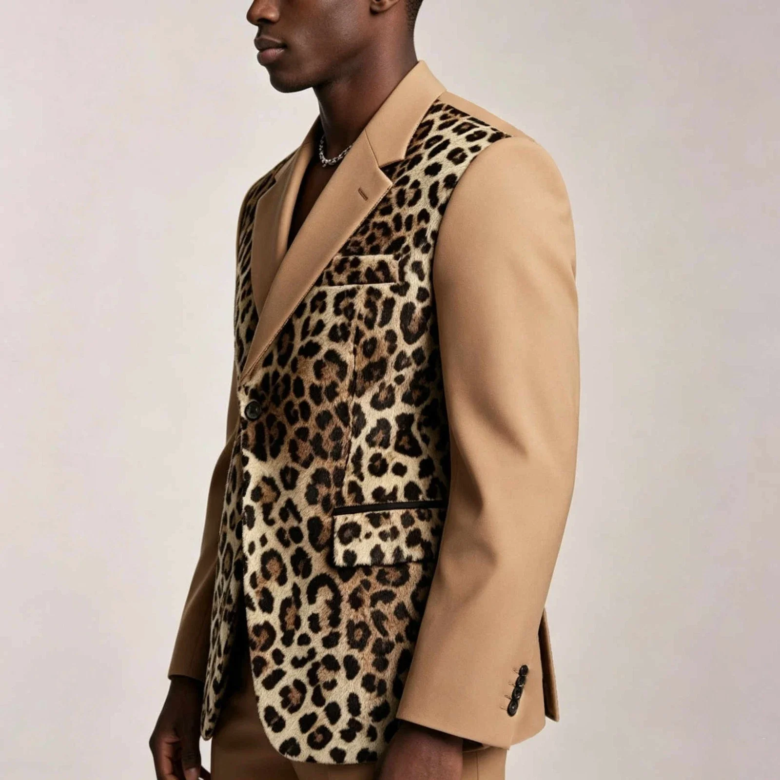 Khaki Leopard Print Patchwork Men Blazer Single Breasted Notch Lapel Slim Fit Tuxedo Wedding Party Club Stage Prom Customized