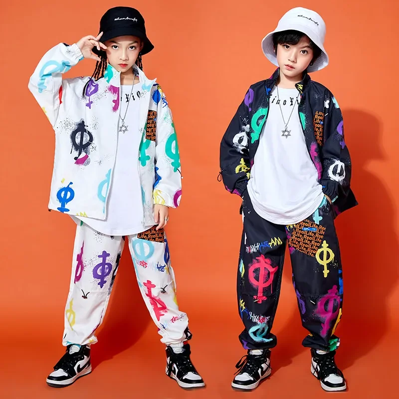 

Girls Boys Teenager Jazz Show Dance Costume Set Kids Street Wear Hip Hop Clothing Oversize Graffiti Jacket Tops Jogger Pants For