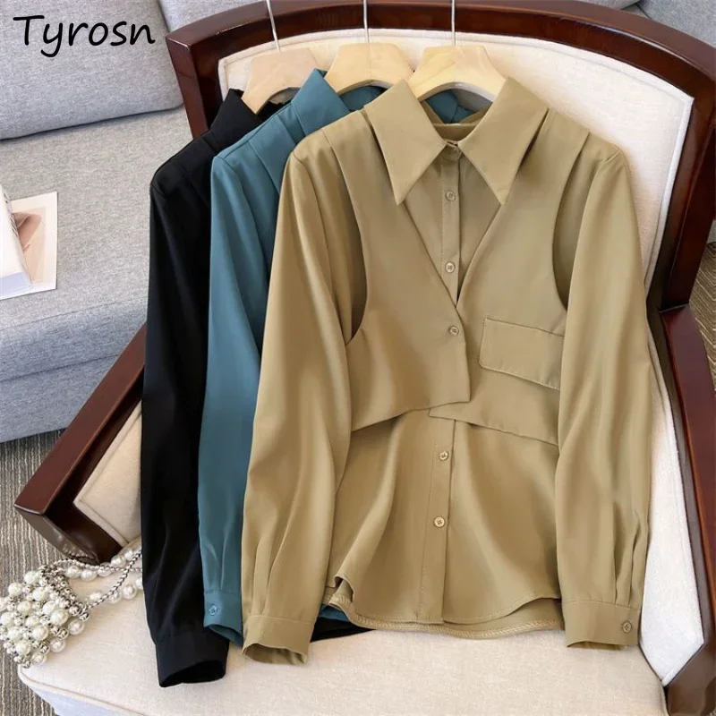 Camicie finte in due pezzi da donna L-4XL impiombate semplici tutto-fiammifero creatività elegante design primaverile puro Ulzzang sciolto da ufficio da donna