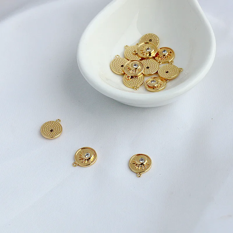 14K Gold Plated Zircon Round Slice Pendant 9mm DIY Handmade Jewelry Making Charms Accessories
